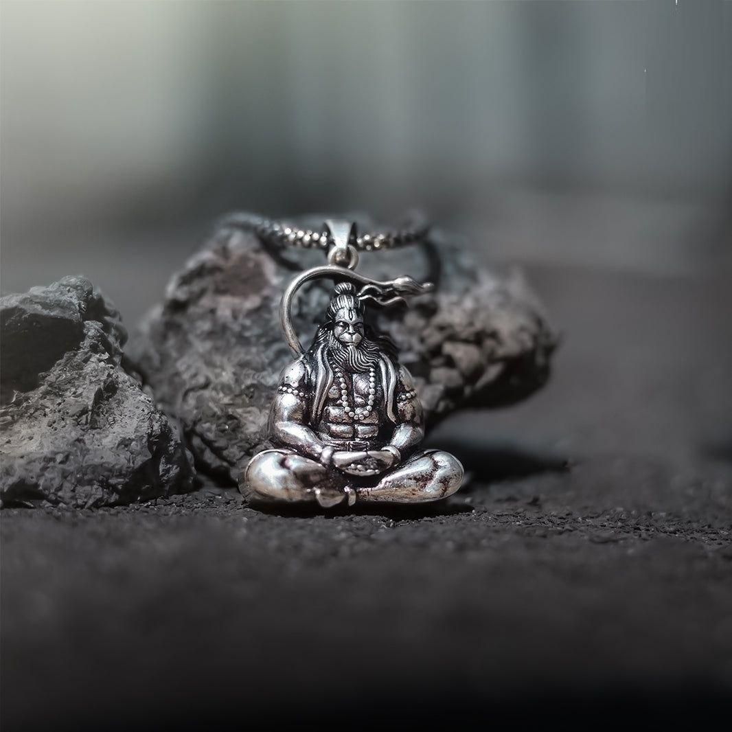 Sitting Hanuman ji Silver Locket With Chain