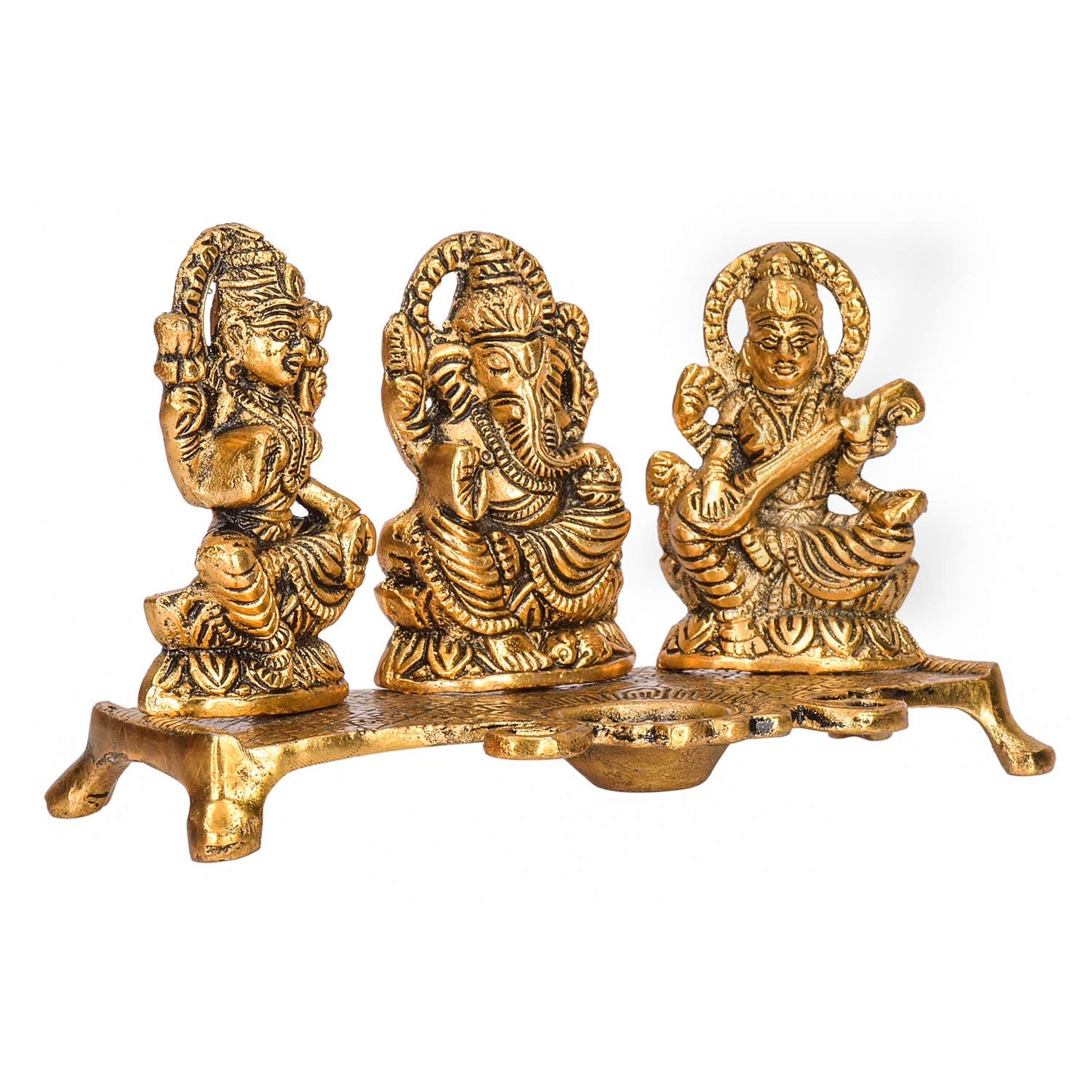Gold Plated Lakshmi Ganesh Saraswati Idol with Deepak