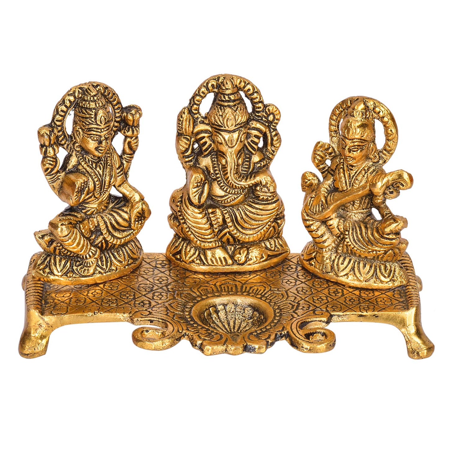 Gold Plated Lakshmi Ganesh Saraswati Idol with Deepak