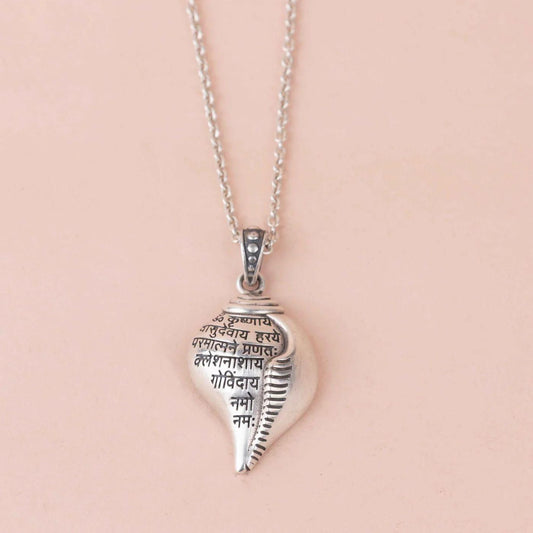 Shri Krishna Shankha Pendant with Chain – Silver Spiritual Jewelry