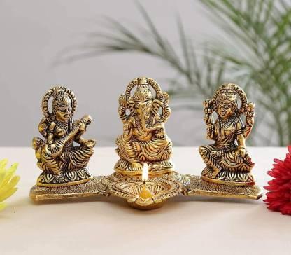 Gold Plated Lakshmi Ganesh Saraswati Idol with Deepak