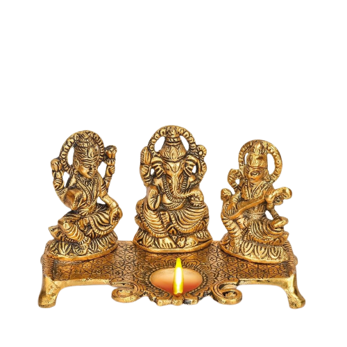 Gold Plated Lakshmi Ganesh Saraswati Murti with Deepak for Home/ Mandir/ Office