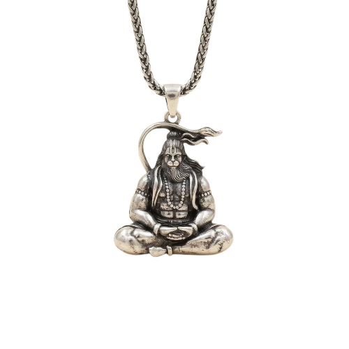 Sitting Hanuman ji Silver Locket With Chain